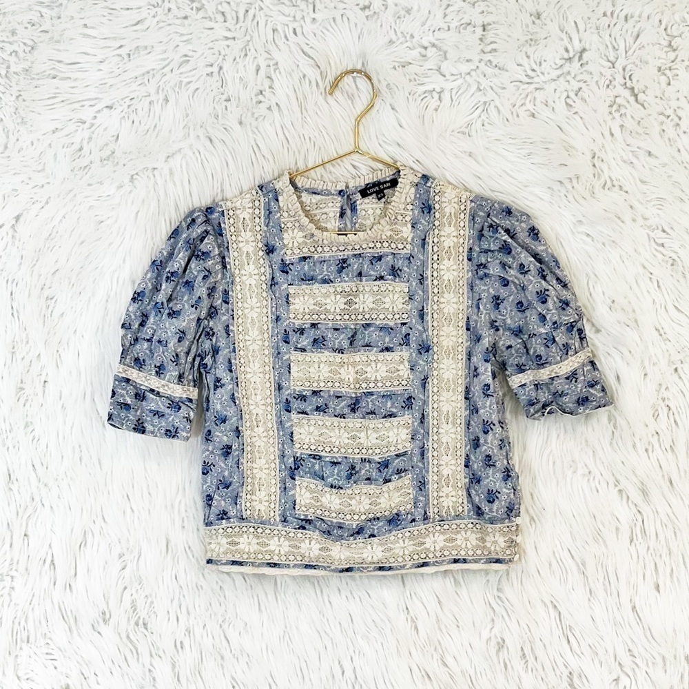 Anthropologie Love Sam Harper floral lace ruffle trim cropped blouse - Picture 6 of 8